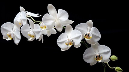 A pristine white orchid with a black backdrop, ideal for elegant text overlay.