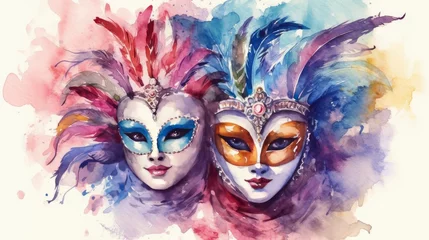 Fotobehang Carnival venetian mask from a splash of watercolor, colored drawing, realistic. © Juan