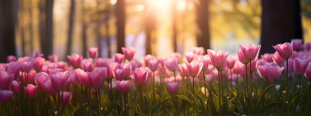 Bright pink tulips are in the park in spring sunny day - obrazy, fototapety, plakaty