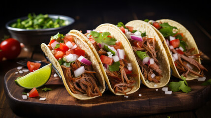 Delicious Mexican pork tacos served on table ,AI generated