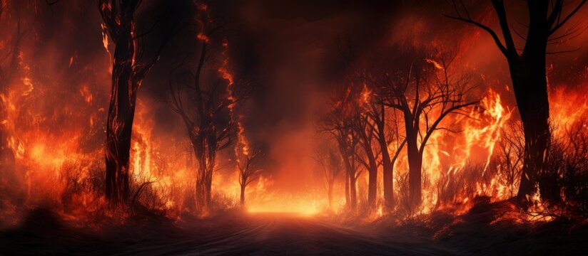 Flames engulfing trees in the wild.