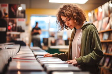 Young woman browsing records in a music store with warm ambient lighting