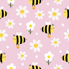 Seamless pattern with Bee, daisy floral on pink background for your fabric, children textile, apparel, nursery decoration, gift wrap paper, kids bedding, baby's shirt. Vector illustration