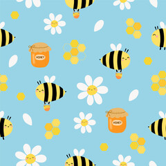 Seamless pattern with cute bee, daisy floral, honey on light blue background for your fabric, children textile, apparel, nursery decoration, gift wrap paper, kids bedding. Vector illustration