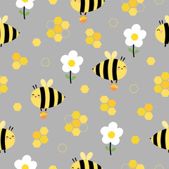 Seamless pattern with cute bee, daisy floral, honeycomb on gray background for your fabric, children textile, apparel, nursery decoration, gift wrap paper, kids bedding. Vector illustration