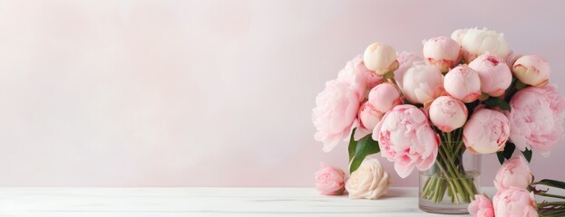 Flowers bouquet of peonies soft pastel color background. Beautiful composition. Valentine's Day, Easter, Birthday, Happy Women's Day, Mother's Day. Holiday poster and banner