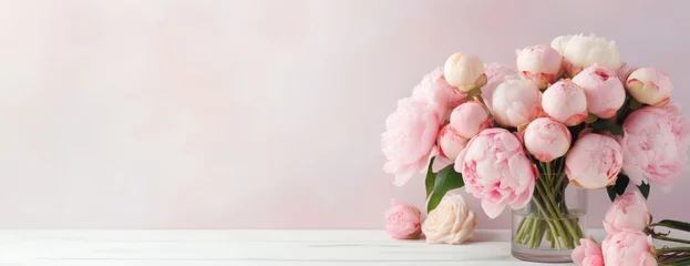 Lichtdoorlatende gordijnen Pioenrozen Flowers bouquet of peonies soft pastel color background. Beautiful composition. Valentine's Day, Easter, Birthday, Happy Women's Day, Mother's Day. Holiday poster and banner