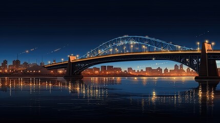 Fototapeta na wymiar Bridge over the river: view of a bridge sparkling with lights in a night city