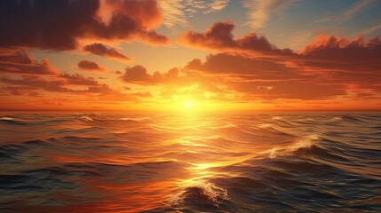 Fototapeta na wymiar Coastal sunset: sunset over the ocean, the sun illuminates water, creating fiery reflections