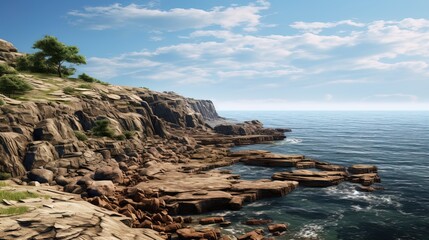 Fototapeta na wymiar Coastal cliffs: a rocky shore with a view of the ocean and a horizon