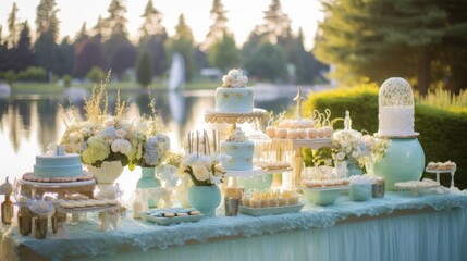 Wedding cake on the table in the park. Wedding cake