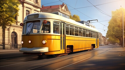 City tram: an old or modern tram moving along the streets of the city