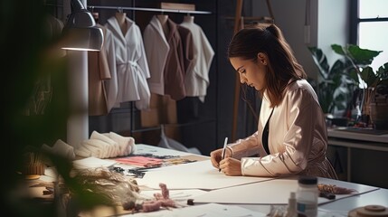 Studio of fashion designer: fashion designer at work in the studio, creating a new outfit