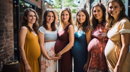 Portrait of smiling pregnant women standing together in shopping center and looking at camera - Powered by Adobe