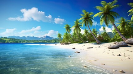 Tropical beach: white sand, palm trees and blue water on the tropical beach