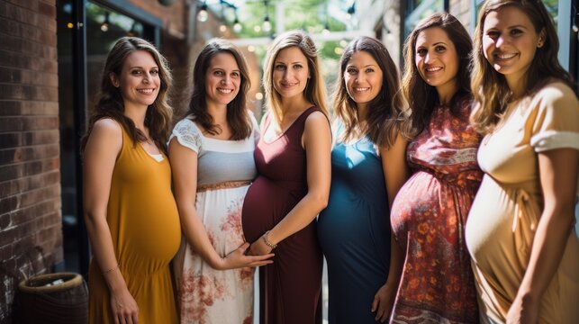 Portrait of smiling pregnant women standing together in shopping center and looking at camera