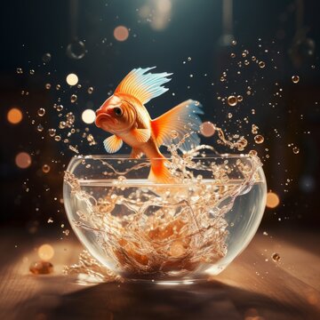 Generative AI image of goldfish swimming out of a fish bowl