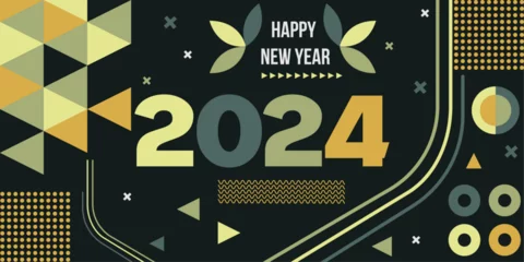 Fotobehang Greeting card banner geometry happy new year 2024 text design with modern calligraphy and dark background © Nata Zalesskaya