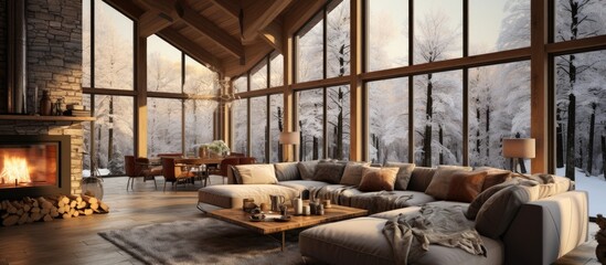 Chic country chalet with panoramic window, open plan, wood decor, warm colors, and family hearth in cozy winter forest setting.