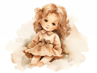 Fototapeta premium Cute retro doll watercolor illustration on white