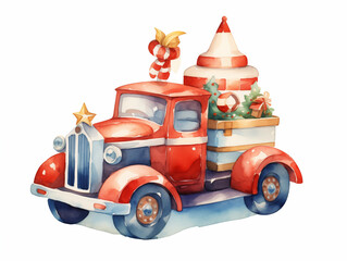 Watercolor illustration of cute red toy car on white background