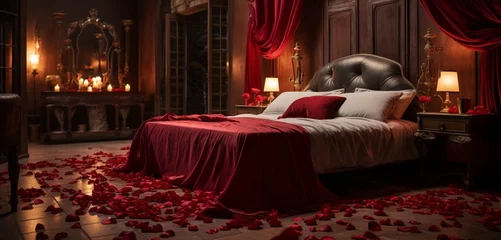 Fototapeten A luxurious bedroom with satin sheets, a velvet throw, and a meticulously arranged heart of deep red rose petals on the bed. © Johnny arts