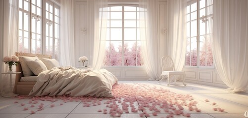 A bright, airy bedroom with large windows, white sheer curtains, and a delicate heart of rose petals on a fluffy, white rug. - obrazy, fototapety, plakaty