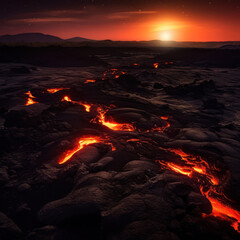  A fiery volcanic landscape at night with the lava
