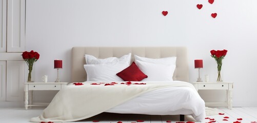 A minimalist Valentine's bedroom with a clean-lined bed, simple red rose arrangements, heart motifs, and contemporary pestles.