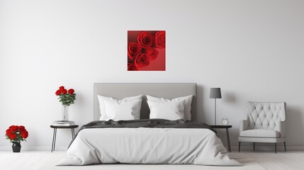 A minimalist Valentine's bedroom with a sleek bed, red roses in a geometric vase, and heart-shaped wall art.
