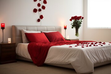A minimalist Valentine's bedroom with a sleek bed, elegantly scattered red roses, heart accents, and modern pestles.