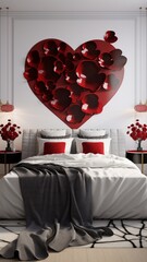 A modern Valentine's bedroom with a minimalist design, vibrant red roses on the bed, and chic heart accents.
