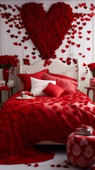 A playful Valentine's bedroom with a vibrant bedspread, red roses in fun vases, and heart-shaped decals.