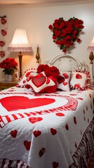 A playful Valentine's bedroom with a vibrant bedspread, red roses in fun vases, and heart-shaped decals.