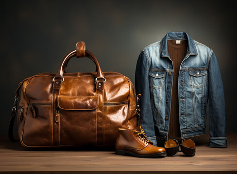 Elegance winter collection, Leather jacket and leather Suitcase, leather boot and scarf, jeans and leather wallet, slim fit, classic 