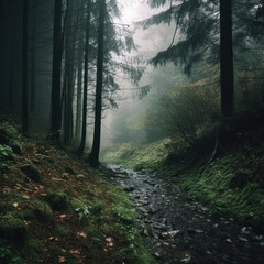 Obraz premium Moody Wilderness: Dark Green and Brown Rainforest Scene