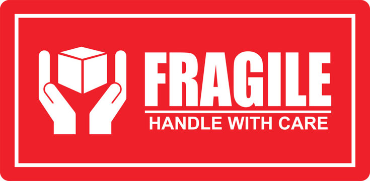 sticker fragile handle with care, red fragile warning label, package sign icon isolated vector
