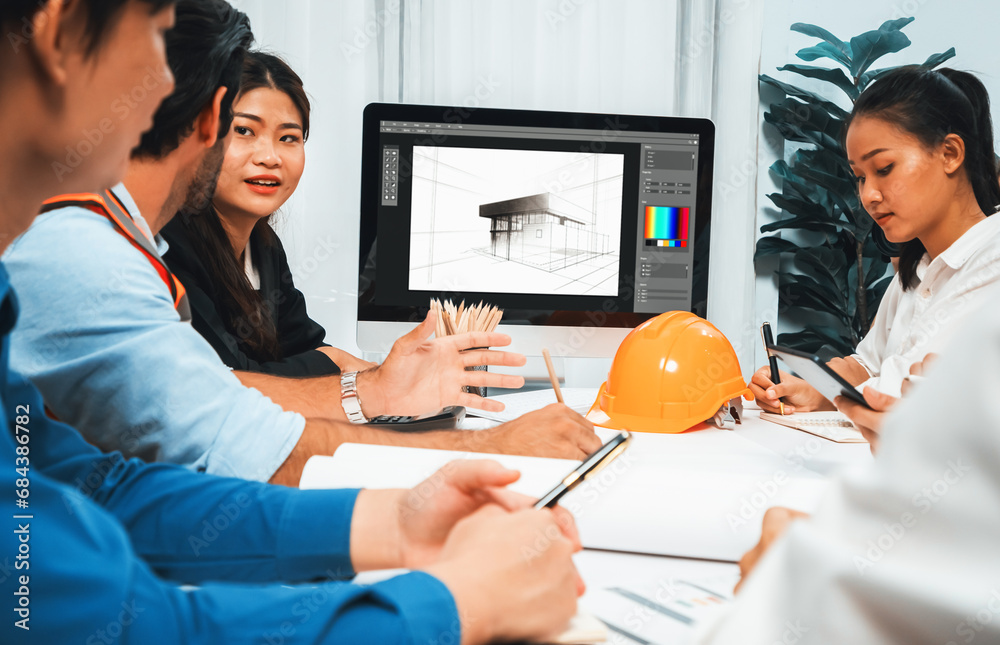 Aufkleber diverse group of civil engineer and client working together on architectural project, reviewing cons