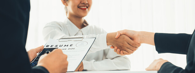 Corporate recruiter interview shake hand and hire job candidate after make successful job...