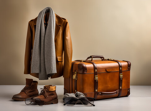 Elegance winter collection, Leather jacket and leather Suitcase, leather boot and scarf, jeans and leather wallet, slim fit, classic 