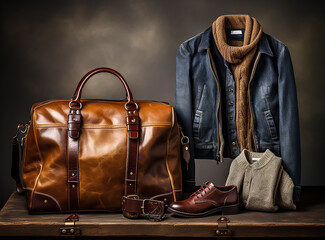 Elegance winter collection, Leather jacket and leather Suitcase, leather boot and scarf, jeans and leather wallet, slim fit, classic 