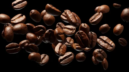 Zelfklevend Fotobehang Le café, ces grains bruns rôtis, évoque l'arôme enivrant du matin. Ces flageolets isolés en gros plan révèlent leur texture foncée, blancs et noirs, promesse de caféine. L'expresso ou le moka, résulta © nagulan