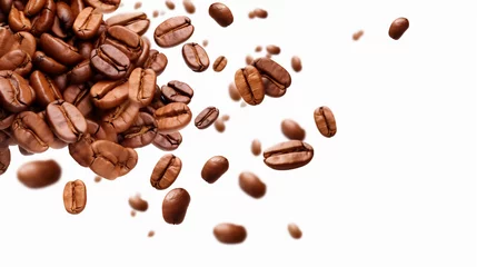Zelfklevend Fotobehang Le café, ces grains bruns rôtis, est l'essence du petit déjeuner. Avec leur arôme enivrant, ces graines de café noir et blanc, isolées en gros plan, délivrent la promesse d'une boisson caféinée revigo © nagulan