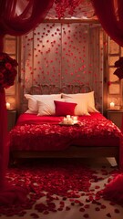 A Valentine's bedroom with a plush bed covered in red rose petals and heart-shaped cushions, creating a romantic ambiance.