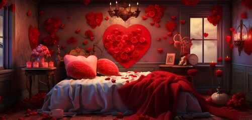 A vibrant Valentine's bedroom with a lively bed, bright red roses in heart patterns, and colorful pestles.