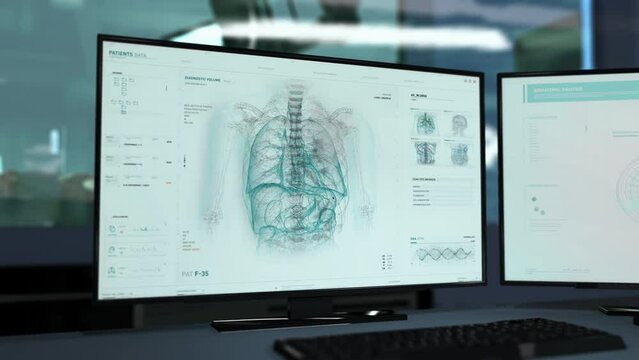 Medical scanner is examining the body of the emergency patient. Medical scanner is studying the heart inside of the body. Modern Medical scanner identifies Cardiac Ischemia in the patients body. UI.