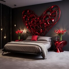 A chic Valentine's bedroom with a contemporary bed, elegant red roses, and heart-shaped metal sculptures.