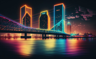 Futuristic Jacksonville, Florida, Cityscape Skyscraper, bridge at night - obrazy, fototapety, plakaty