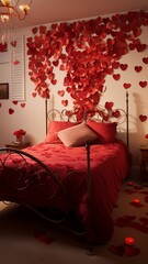 A whimsical Valentine's bedroom with a fairy-tale bed, a trail of red rose petals, and playful heart-shaped wall art.