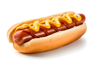 Close up of a hotdog in a bun with mustard and ketchup isolated on white. High quality photo. - obrazy, fototapety, plakaty